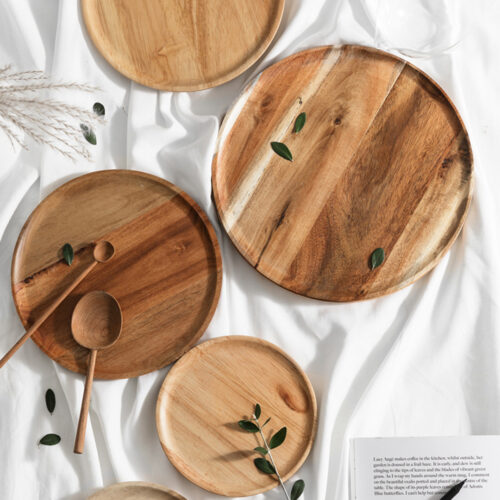 2x 25cm Brown Round Wooden Centerpiece Serving Tray Board Decor - Image 3