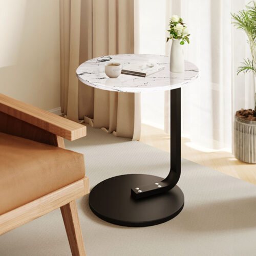 50cm White Marble Mini Side Table Movable Lightweight Black Frame - Image 3