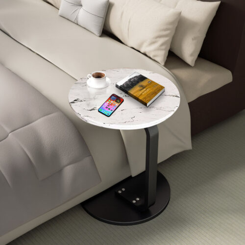 50cm White Marble Mini Side Table Movable Lightweight Black Frame - Image 4