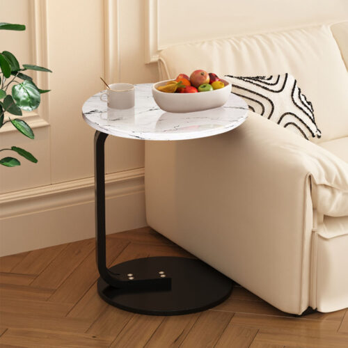 50cm White Marble Mini Side Table Movable Lightweight Black Frame - Image 5