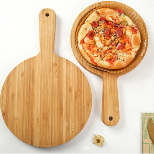 2x 11 inch Blonde Round Premium Wooden Serving Tray Board Paddle with Handle Decor - Image 5