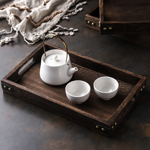 2x Medium Walnut Rectangle Wooden Tray Breakfast Dinner Serving Board Tea Set Holder Kitchen Decor - Image 5