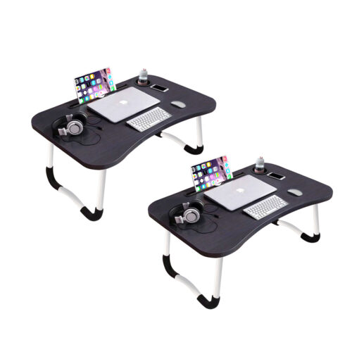 2x Black Portable Bed Table Adjustable Folding Bed Sofa Study Table Laptop Mini Desk with Notebook Stand Cup Holder