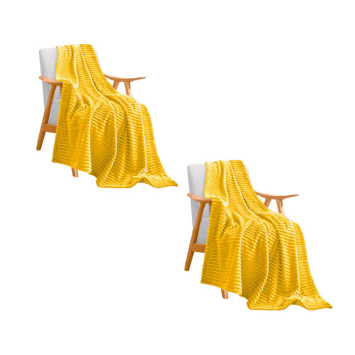 2x Yellow Throw Blanket Warm Cozy Striped Pattern Thin Flannel Fleece Bed Sofa Comforter