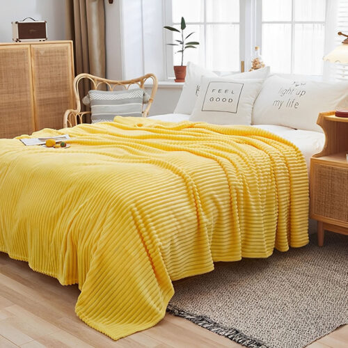 2x Yellow Throw Blanket Warm Cozy Striped Pattern Thin Flannel Fleece Bed Sofa Comforter - Image 2