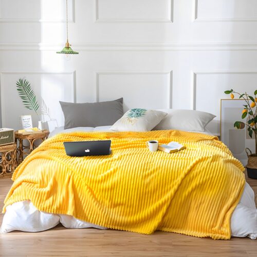2x Yellow Throw Blanket Warm Cozy Striped Pattern Thin Flannel Fleece Bed Sofa Comforter - Image 3