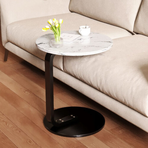 2x 50cm White Marble Mini Side Table Movable Lightweight Black Frame - Image 2