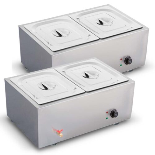 2x Stainless Steel 2 X 1/2 GN Pan Electric Bain-Marie Food Warmer with Lid