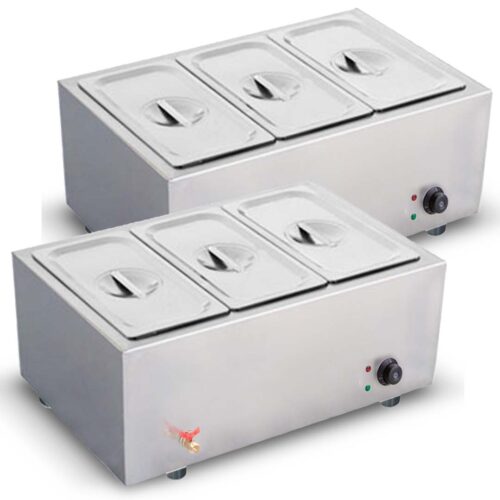 2x Stainless Steel 3 X 1/2 GN Pan Electric Bain-Marie Food Warmer with Lid