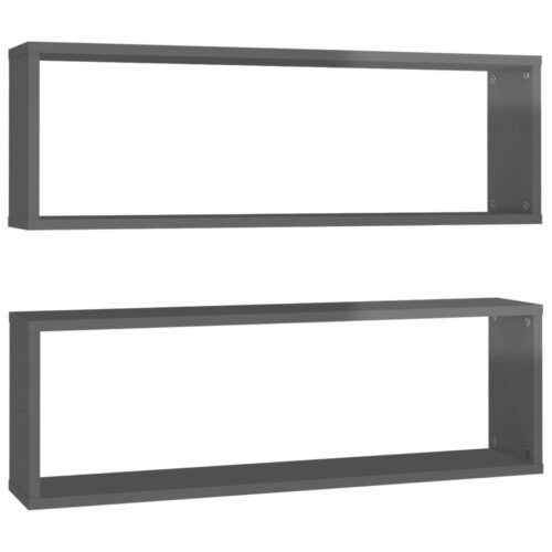 Wall Cube Shelves 2pcs High Gloss Grey 80x15x26.5cm Engineered Wood - Image 2