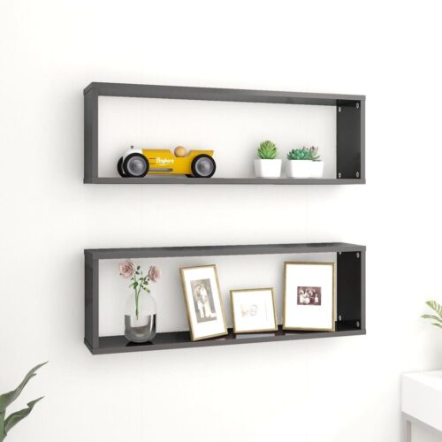 Wall Cube Shelves 2pcs High Gloss Grey 80x15x26.5cm Engineered Wood - Image 12