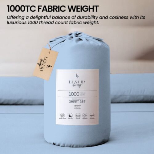 4-Piece Set King Size Bed Sheets 1000TC Cotton Rich Flat Fitted Sheets Blue - Image 4