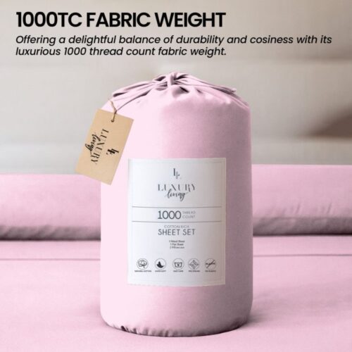 4-Piece Set King Size Bed Sheets 1000TC Cotton Rich Flat Fitted Sheets Pink - Image 4