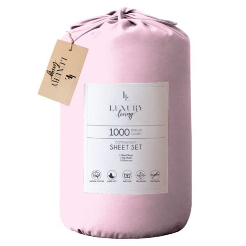 4-Piece Set King Size Bed Sheets 1000TC Cotton Rich Flat Fitted Sheets Pink - Image 5