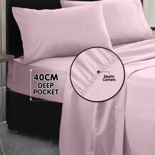 4-Piece Set King Size Bed Sheets 1000TC Cotton Rich Flat Fitted Sheets Pink - Image 8
