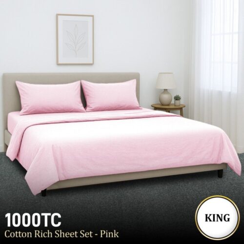 4-Piece Set King Size Bed Sheets 1000TC Cotton Rich Flat Fitted Sheets Pink - Image 9