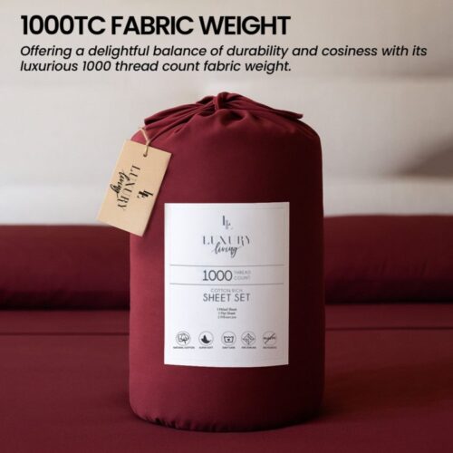 1000TC Cotton Rich Queen Bed Sheets 4-Piece Set in Burgundy - Image 2