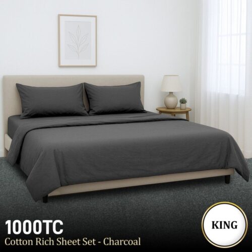 4-Piece Set King Size Bed Sheets 1000TC Cotton Rich Flat Fitted Sheets Charcoal - Image 10