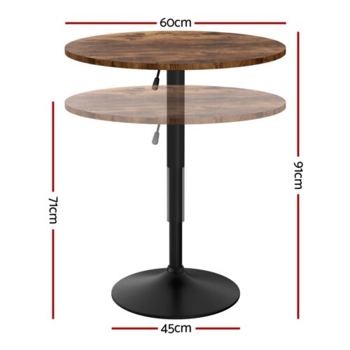Artiss Height Adjustable Bar Table 360 Swivel Round Gaslift Design 60cm Rustic Brown Black - Image 2