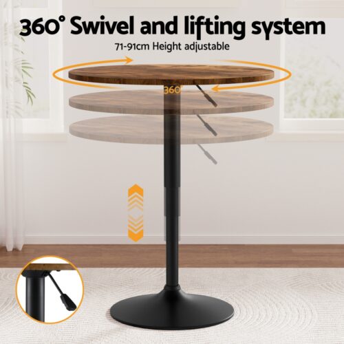 Artiss Height Adjustable Bar Table 360 Swivel Round Gaslift Design 60cm Rustic Brown Black - Image 4