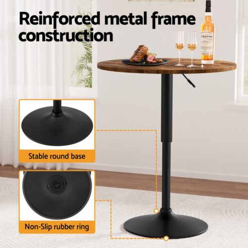Artiss Height Adjustable Bar Table 360 Swivel Round Gaslift Design 60cm Rustic Brown Black - Image 6