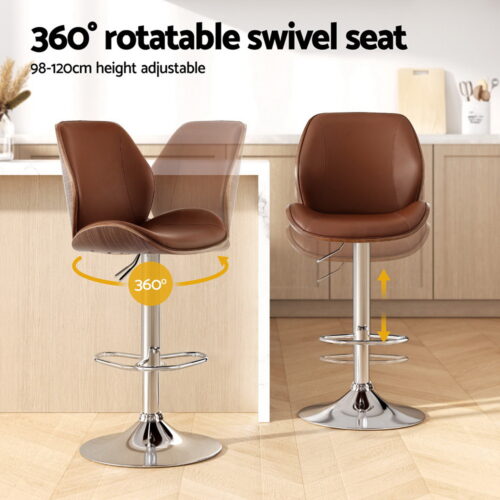 Artiss 4X Bar Stools Bentwood Adjustable Kitchen Counter Chair Leather Brown - Image 4