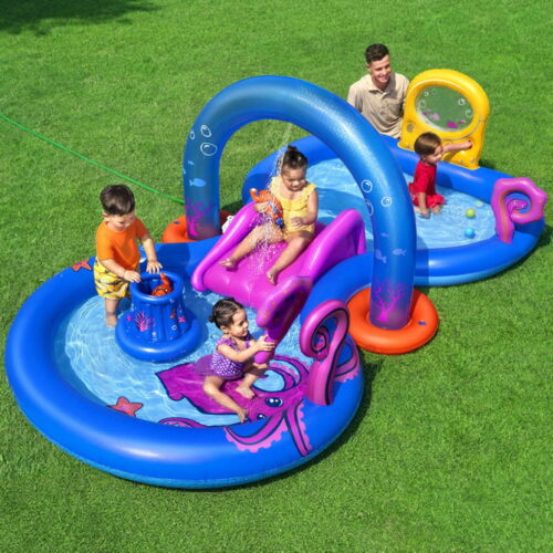 Bestway Kids Inflatable Play Splash Pool with Slide Ball Tossing Toys Coral Basket - Image 7