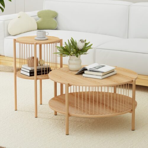 Artiss Coffee Table 2-Tier Round Wood - Image 7