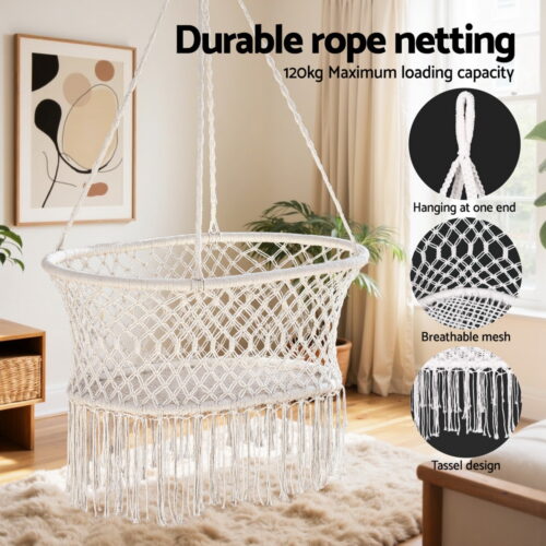 Gardeon Hammock Chair Cotton Swing Chair Outdoor Indoor Cream - Image 4