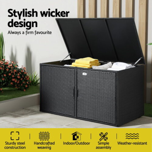 Gardeon Outdoor Storage Cabinet Box Deck Wicker Shelf Chest Garden Shed Tools Black - Image 4