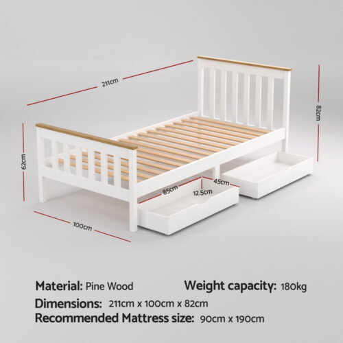 Artiss Bed Frame Single Size Wooden Platform with 2 Storage Drawers White PONY - Image 2