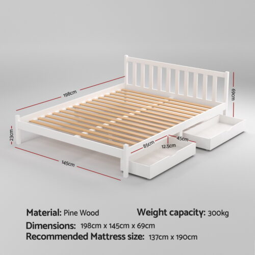 Artiss Bed Frame Double Size Wooden Platform with 2 Storage Drawers White SOFIE - Image 2
