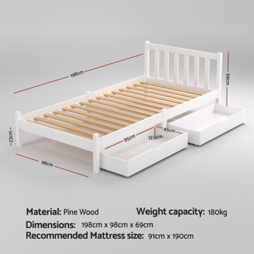 Artiss Bed Frame Single Size Wooden Platform with 2 Storage Drawers White SOFIE - Image 2