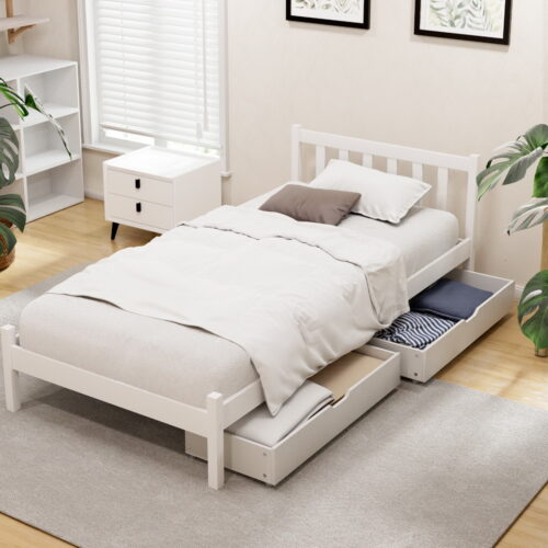 Artiss Bed Frame Single Size Wooden Platform with 2 Storage Drawers White SOFIE - Image 7