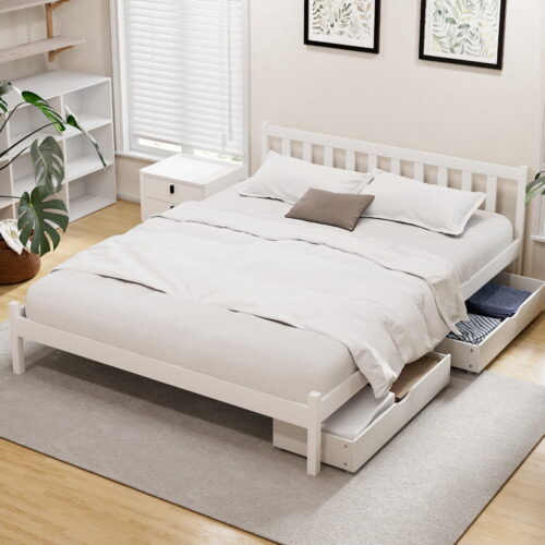 Artiss Bed Frame Queen Size Wooden Platform with 2 Storage Drawers White - Image 7