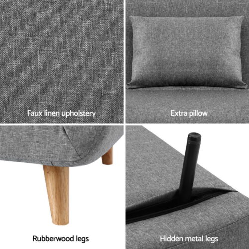 Artiss Sofa Bed Convertible Couch Recliner Lounge Chair Linen Grey - Image 6
