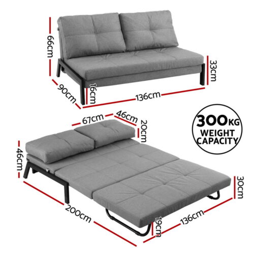 Artiss Sofa Bed 2 Seater Folding Convertible Fold Couch Recliner Lounge Chair Grey - Image 2