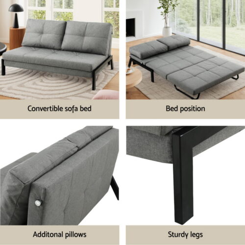 Artiss Sofa Bed 2 Seater Folding Convertible Fold Couch Recliner Lounge Chair Grey - Image 6