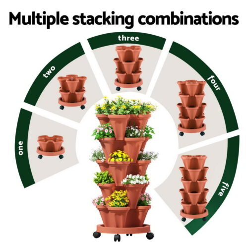 Green Fingers Raised Garden Bed 5 Tier Vertical Garden Brick Red Strawberry Stackable Planters Herbs Petunias - Image 5