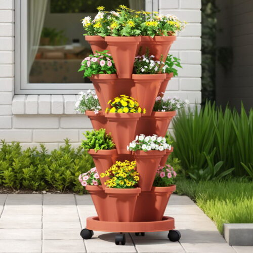 Green Fingers Raised Garden Bed 5 Tier Vertical Garden Brick Red Strawberry Stackable Planters Herbs Petunias - Image 7