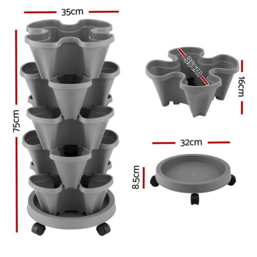 Green Fingers Raised Garden Bed 5 Tier Vertical Garden Grey Strawberry Stackable Planters Herbs Petunias - Image 2