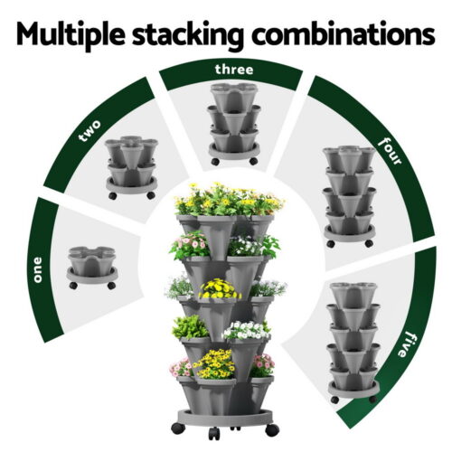 Green Fingers Raised Garden Bed 5 Tier Vertical Garden Grey Strawberry Stackable Planters Herbs Petunias - Image 5