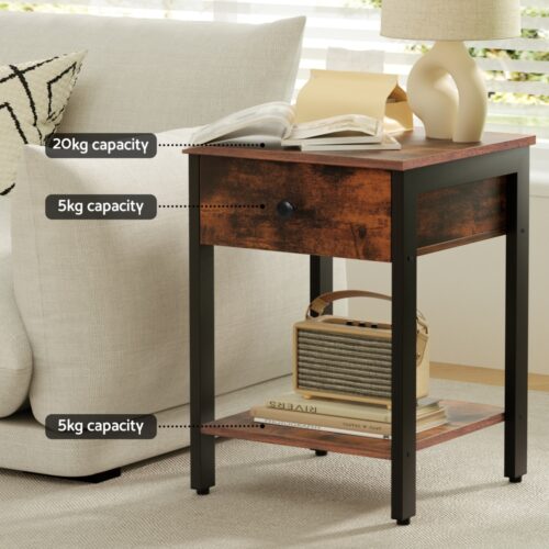 Artiss Bedside Table Side End Table Drawer Nightstand Storage Open Shelf Walnut - Image 5