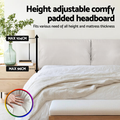 Artiss Double Bed Frame RGB LED Floating Beds Adjustable Headboard Beige White - Image 5