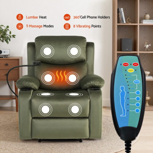 Artiss Massage Recliner Chair Velvet Armchair Lounge Sofa with Phone Holder USB - Image 4
