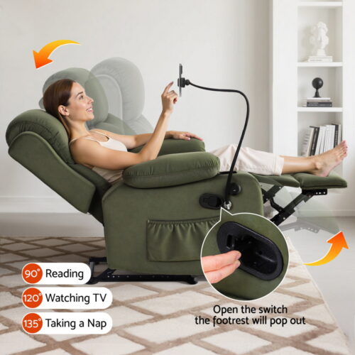 Artiss Massage Recliner Chair Velvet Armchair Lounge Sofa with Phone Holder USB - Image 5