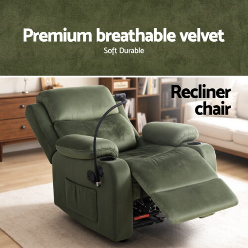 Artiss Massage Recliner Chair Velvet Armchair Lounge Sofa with Phone Holder USB - Image 6