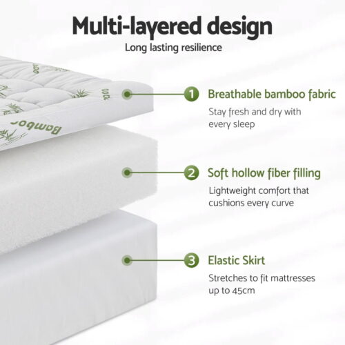 Giselle Mattress Topper 11cm Pillowtop Toppers Bamboo Mat Pad Protector Single - Image 5