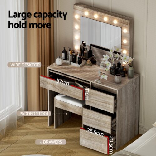 Artiss Dressing Table Set Stool 12 Led Bulbs Wood - Image 6