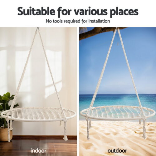 Gardeon Hammock Chair with Steel Stand Nest Cotton Outdoor Hanging Lounge Cream - Image 4